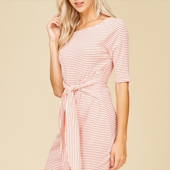 NEW WHITE STRIPED KNOT FRONT DRESS - Picture 3 of 6